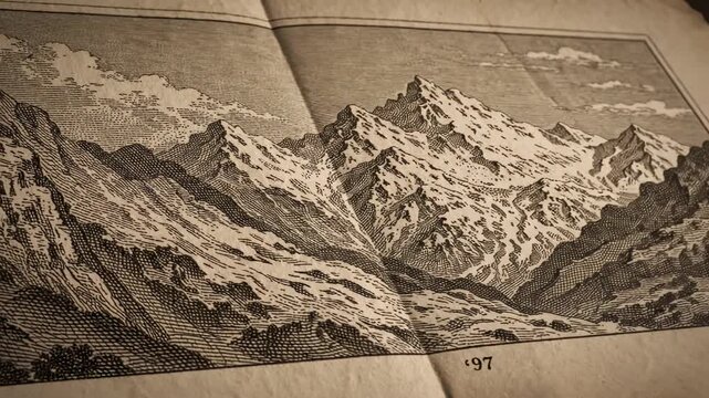 Antique Alpine Etching Scene \'97 sepia-toned engraved illustration of rugged alpine cliffs and distant snow-capped summits, dense parallel line shading forming clouds and sky gradients, textured