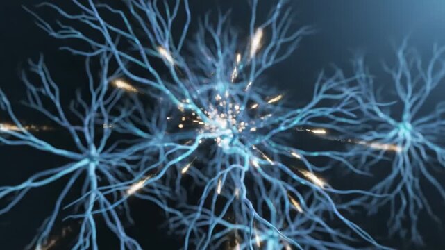 Video featuring microscopic neuron structures transmitting electric energy bursts, brain activity visualization for healthcare marketing, cognitive science presentations and digital analytics themes.