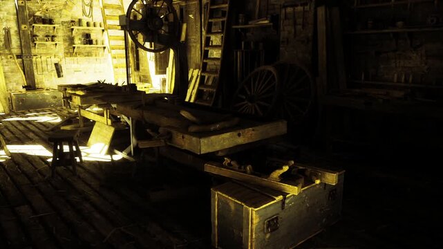 Low angle shot of tool compartment under bench with latches and hinges, open box edges and hidden storage visible, contrast of dark undercarriage and warm