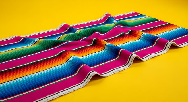 Vibrant Mexican Serape Blanket with Colorful Stripes on Bright Yellow Background
