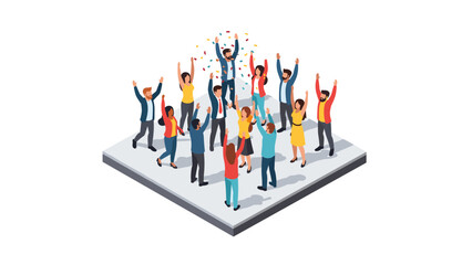 Celebrating group of diverse people in isometric design with confetti