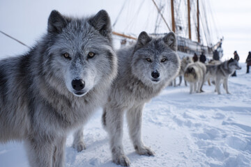 Obraz premium Wild arctic wolves approach ship while humans observe in snowy landscape