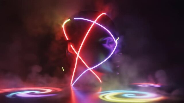 Abstract toxic neon portrait interpretation where a simplified human head form is rendered as a smooth sculptural shape, intersected by animated luminous lines in toxic lime, ultraviolet, and hot red