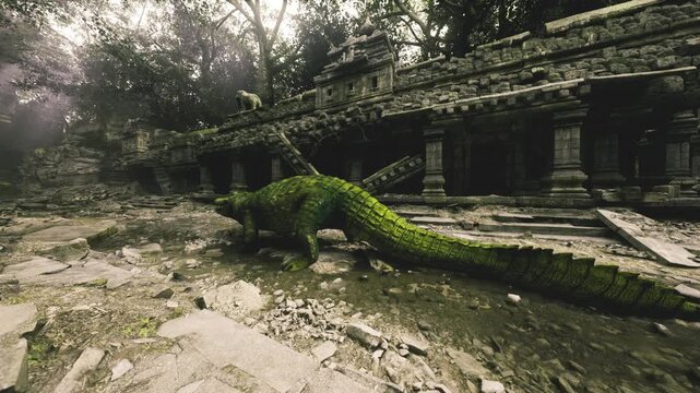 Crocodile exploring mossy stone ruins, juxtaposition of primal wildlife and aged architecture, damp stones, reflective puddles, mysterious moody atmosphere