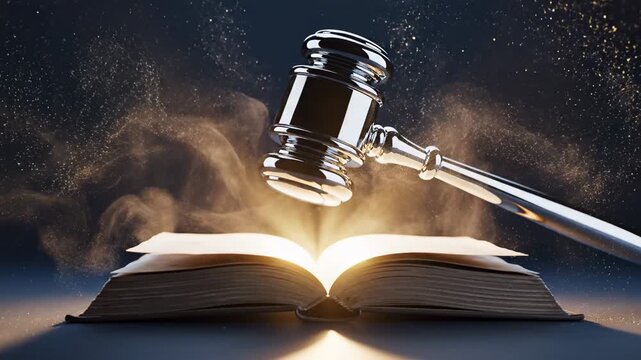 Judicial Power Concept visualization, modern abstract interpretation featuring a sleek metallic gavel suspended midair above an open book whose pages emit a soft golden light, particles of illuminated