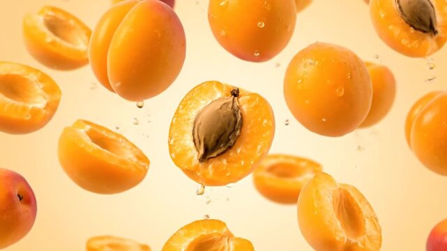 Dynamic splash of fresh apricots falling through crisp water droplets, capturing the invigorating essence of ripe, juicy fruit in motion