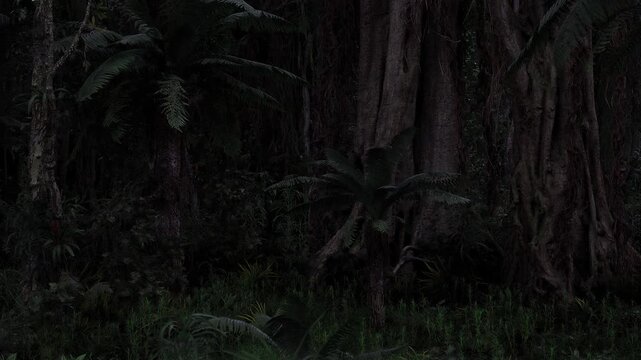 Ancient banyan trunk towering in darkness, tangle of aerial roots and mossclad buttresses loom around base, faint moon speckle filters through leaves, damp soil