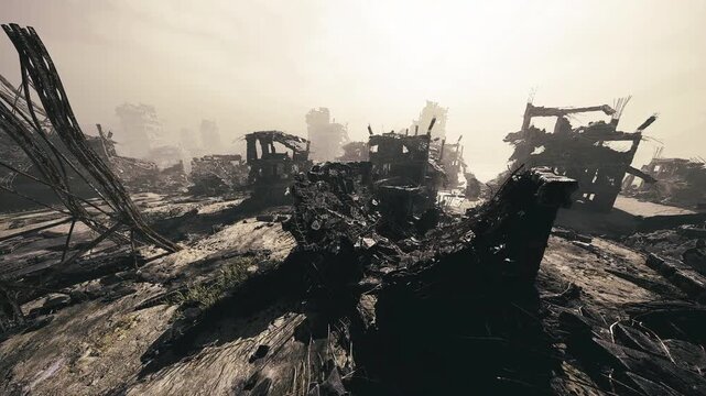 Long shadows across devastated landscape, skeletal remains of architecture under low sun, high contrast and uneasy calm in aftermath scene.