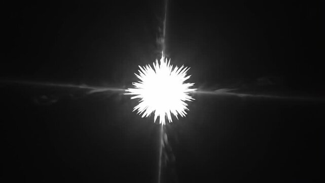 Abstract radiant energy flash forming a brilliant white spike cluster that expands and collapses within a dark void, sharp linear beams slicing horizontally and vertically with faint secondary rays at