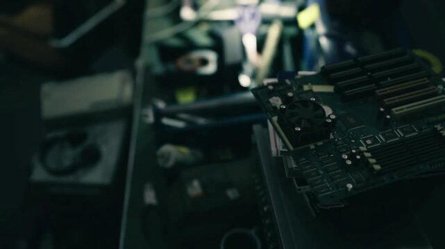 Macro circuit board on diagnostics bench showing solder joints and chip components, ribbon cables and connectors in shallow focus, LED backlight highlights tiny