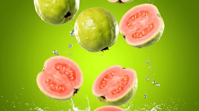 Vibrant pink guavas and halves artfully arranged in mid-air, splashing fresh water drops against a lively green backdrop, celebrating tropical fruit vitality
