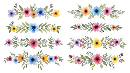 Fototapeta premium Watercolor floral dividers png colorful flowers green foliage linear arrangements hand painted transparent image