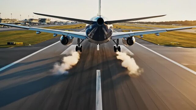 Airplane Landing Approach \'96 Runway touchdown perspective from above, high-altitude drone view aligned precisely with runway centerline as a commercial jet descends toward the tarmac, heat haze