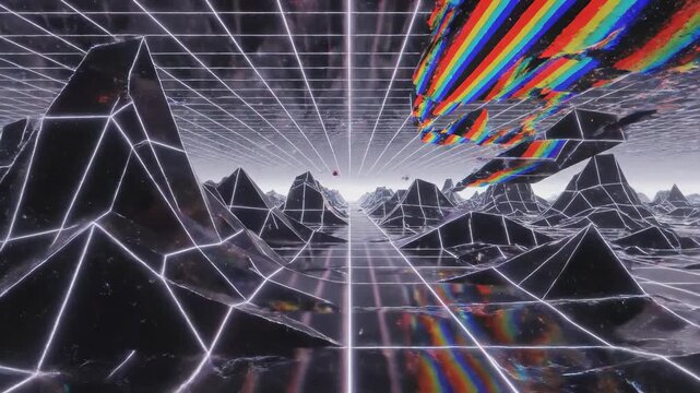 Experimental digital error landscape resembling a fractured holographic grid, vibrant RGB offsets creating prismatic shadows along sharp polygonal planes, animated compression artifacts and shifting