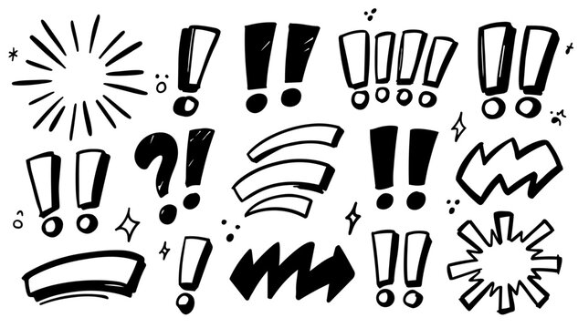 Set of Hand Drawn Comic Style Exclamation Marks, Doodle Expressions, and Abstract Design Elements Isolated on White