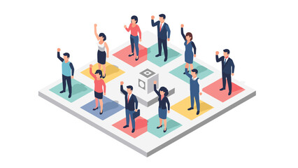 Diverse team collaboration in isometric office space with business professionals