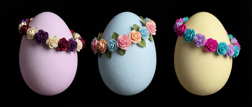 Microscopic surface detail of light blue Easter egg with elaborate floral circlet on deep black background