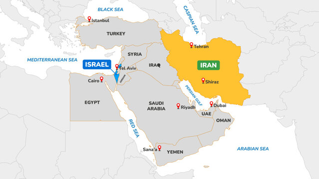 Map of the Middle East. Iran and Israel on the world map. Middle Eastern countries with capital cities and borders. Vector illustration.