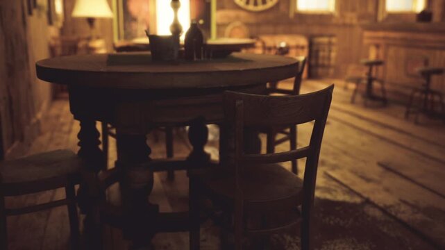Dusty wooden saloon table bathed warm light, aftermath of latenight poker, empty glasses and bottle on table, carved chairs, worn floorboards creating cozy yet