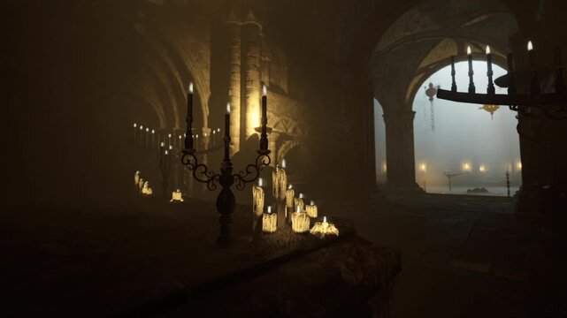 Gothic chapel interior lit by candles, empty nave with towering arches and flickering candelabrum, warm amber glow creating hushed, contemplative atmosphere