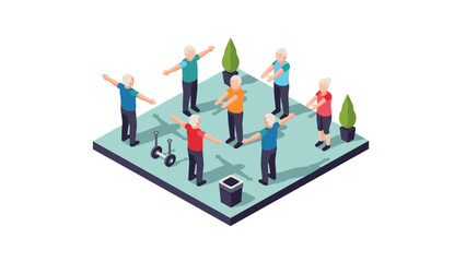 Senior group fitness: isometric exercise class in outdoor setting with elderly participants