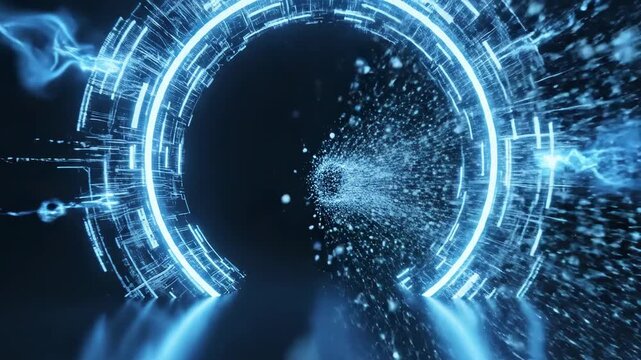 Circular Tech Portal \'96 glowing digital ring interaction, a dark minimal futuristic space with a large floating circular ring made of luminous blue energy lines, subtle animated pulses