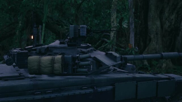 Night tank in dense forest shadowed turret and tracks, covert reconnaissance posture with camouflage netting visible, low light mood, damp foliage and muted