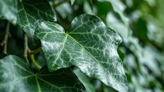 Video of ivy leaf pattern with dark green glossy veins, rich botanical texture, natural foliage background, organic design concept for eco branding and wellness visuals.