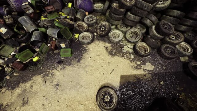 Stack of tires with sandy ground, circular patterns and worn treads, organized mound against textured floor, archival background for industrial catalog