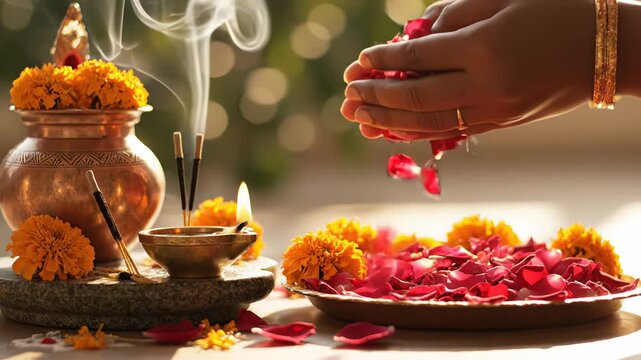 A Person's Hands Performing a Religious Ritual with Marigolds and Rose Petals in Warm Sunlight with Incense Smoke