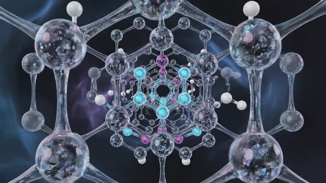 Video of dynamic atomic network forming geometric molecular pattern, biotechnology and pharmaceutical theme, high tech research backdrop, digital science animation.