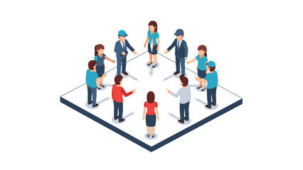 Isometric business team discussion with diverse characters on white background