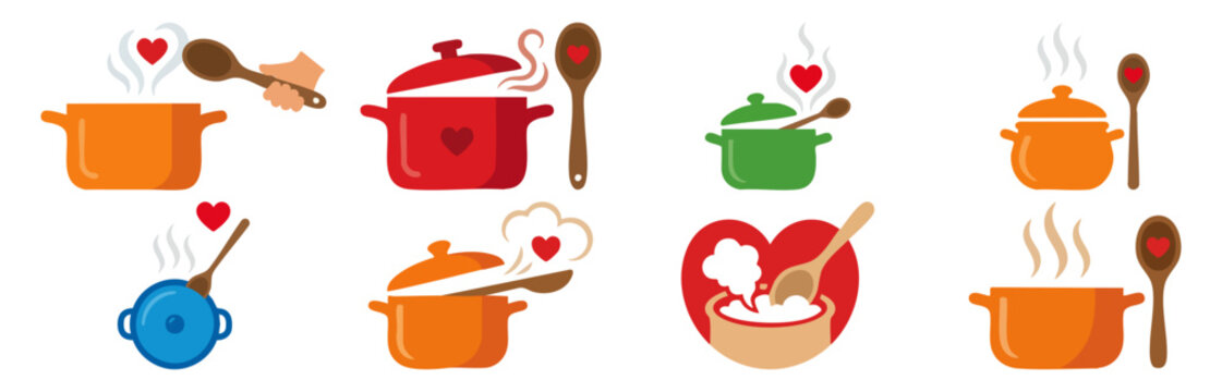  HOME COOKING - Steaming pot and a wooden spoon with a heart icon  Flat Vector Illustration on Transparent Background