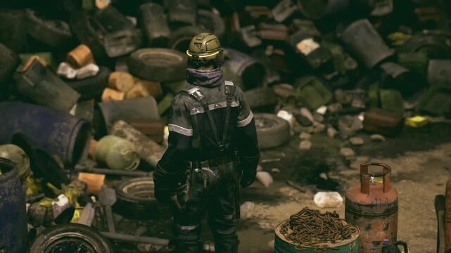 Sentinel figure guarding toxic scrapyard amid stacked tires and corroded containers, rigid posture under murky light conveys watchful protection and isolation