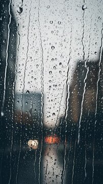 A rainy window with water droplets and blurred cityscape in the background