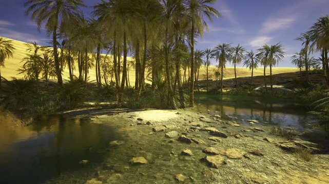 Shimmering mirror surface at Dakhla oasis, clear reflections of palms and sky with textured shallow bed tranquil composition highlighting light, pattern