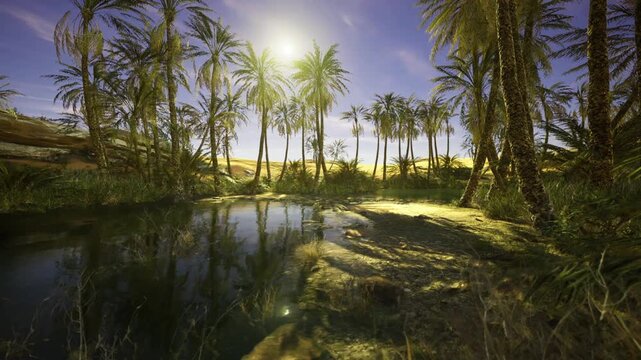 Tafilalt oasis bright midday reflections on still pool, clear sky above tall palms, vivid contrast between green fronds and warm sand, crisp textures and lively