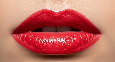 Obraz premium Close up of woman's lips with bright red lipstick and water droplets, beauty and makeup
