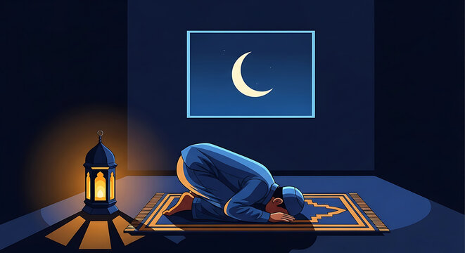 muslim man performing islamic prayer sujood on a prayer mat at night lit by a glowing lantern symbolizing devotion and ramadan.