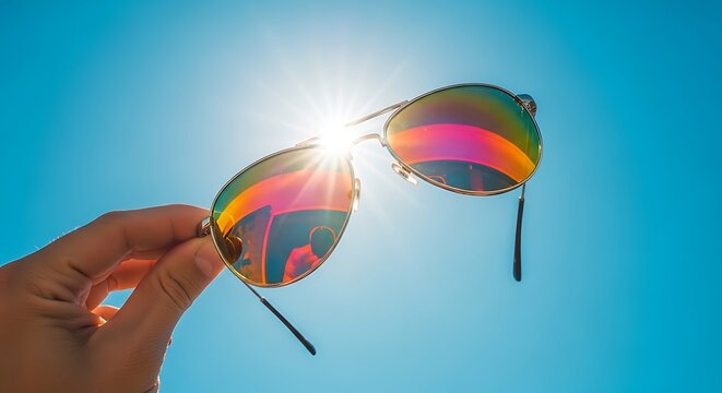 Hand holding sunglasses reflecting vibrant colors against a bright, sunny, cloudless blue sky
