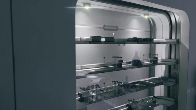 Space station storage racks with supplies, dimly lit bulkhead environment, sealed compartments, stowage crates, panel lighting and secured payload organization