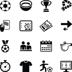Soccer and football sports icon set, athletic equipment symbols, tournament trophies, game tickets, stadium whistles, and player silhouette pictograms.