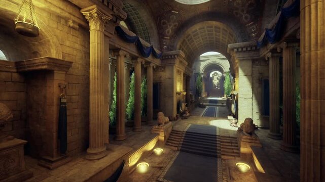 sunlit garden atrium with verdant cypress and fountain beyond arch, tranquil retreat with dappled light on mosaic tiles and stone lion guardians
