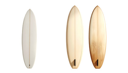 Three surfboards in a row, with varying colors and fin sizes