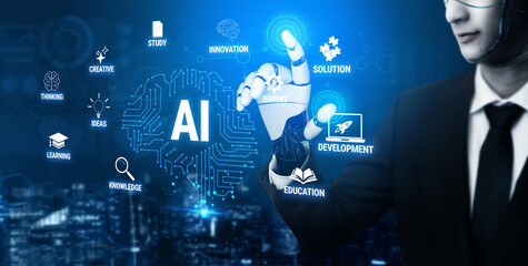 Obraz premium Futuristic Man with AI Concepts and Technologies, Focusing on Innovation and Development for Education and Learning Solutions Quark.