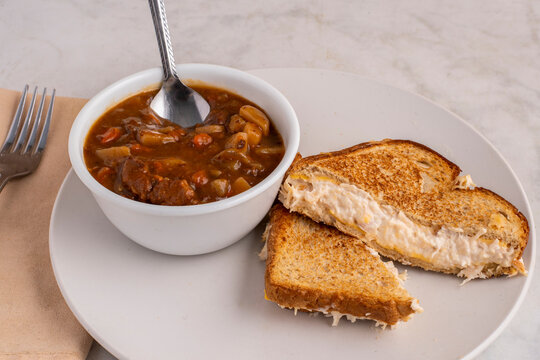 beef stew with a chicken sald  melt sandwich