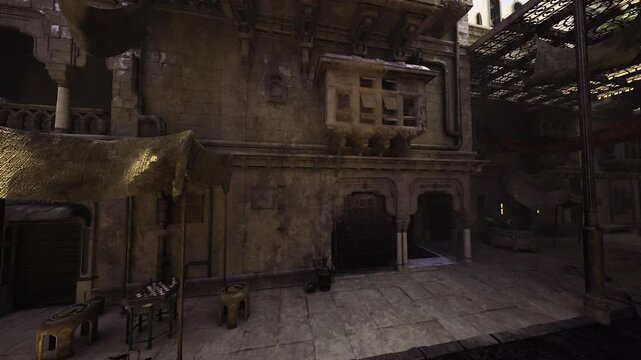 dusk dim caravanserai courtyard with lanterns unlit, empty stalls and heavy shadows, echoing footsteps implied, atmosphere of travel lore and abandonment