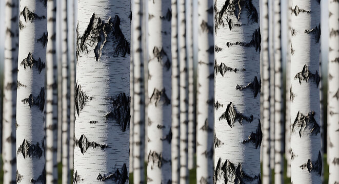 Close-up of White Birch Tree Trunks with Black Bark Patterns in a Dense Forest