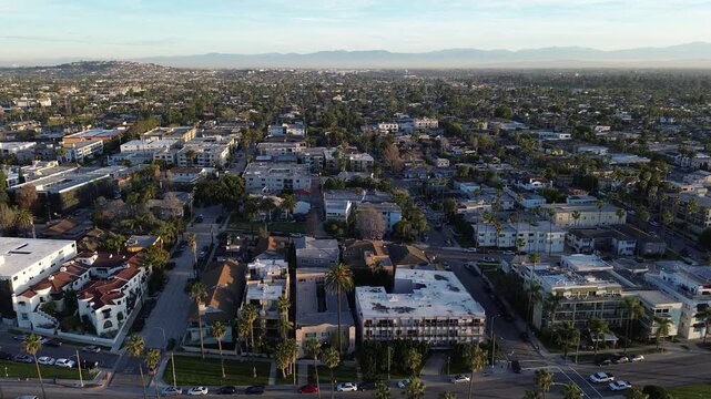 Inland neighborhood density by Belmont Shore streets extends toward Redondo Ave with tightly packed residential blocks and visible commercial edges. Varied rooflines, palm rows, Long Beach, CA