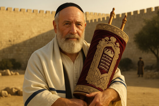 An elderly Jewish rabe stands in historic location, holding Torah scroll while surrounded by ancient walls stones at Jerusalem
